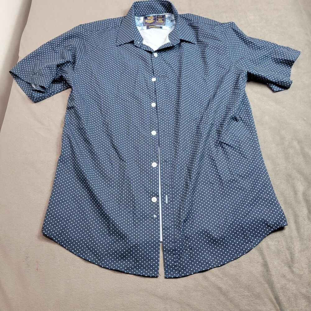 Rugby Mens‎ Button Front Shirt Blue Comfort Stretch Short Sleeve Collared